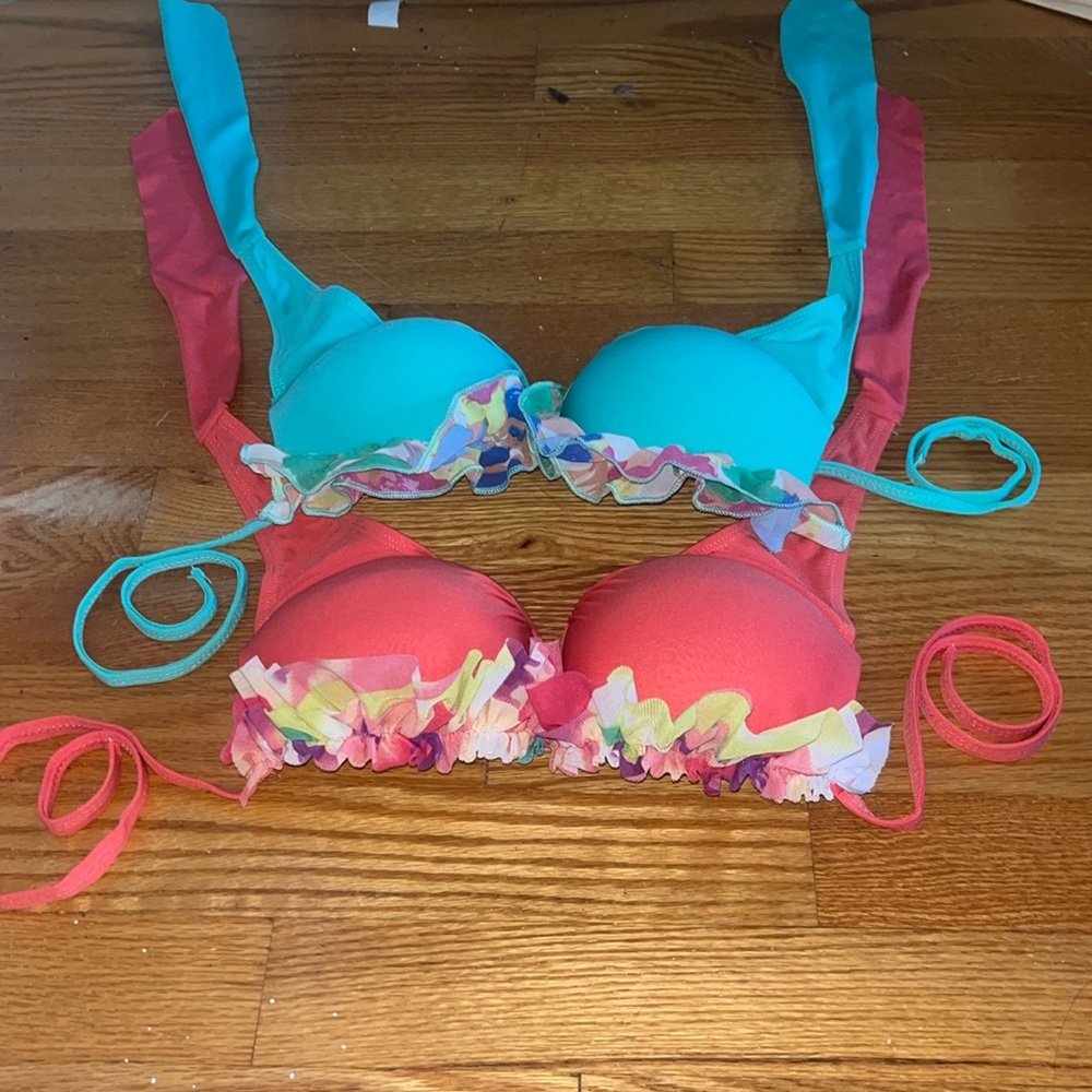 2 tie bikini tops blue and pink